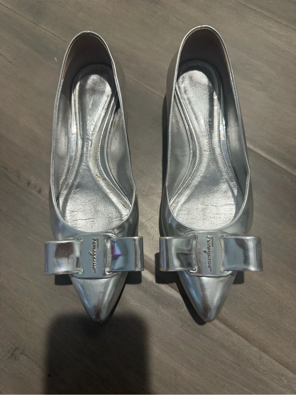 Salvatore Ferragamo Metallic Silver Pointed-Toe Bow Flats